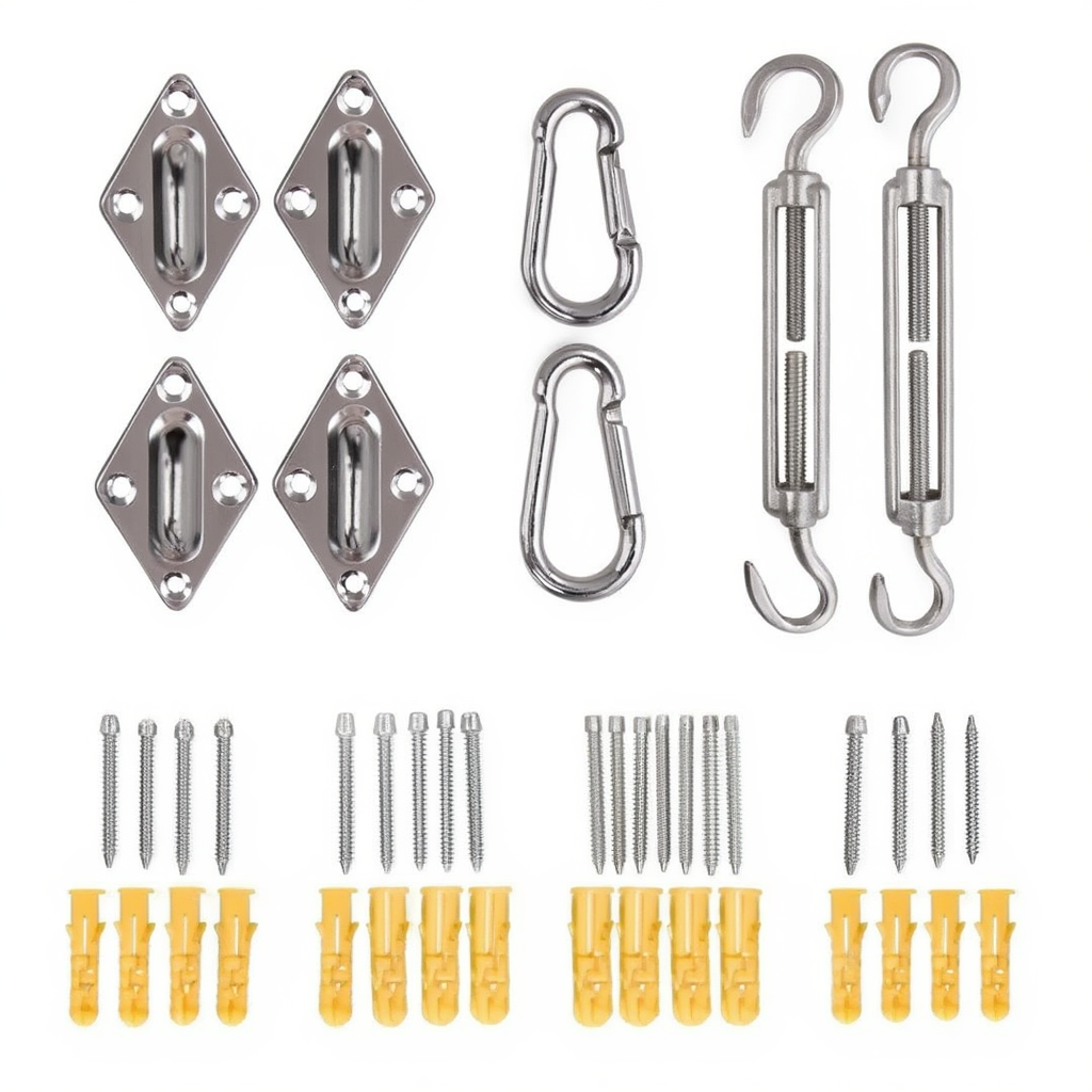 Contenu du kit de fixation : tendeurs, platines, mousquetons et visserie