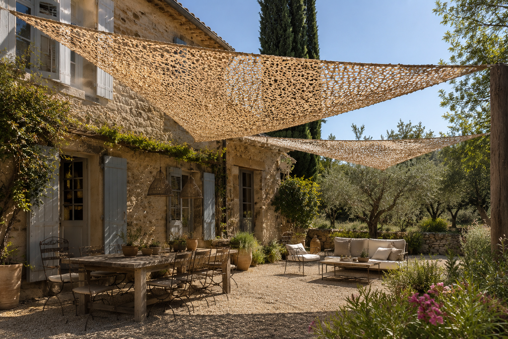 Filets d'ombrage triangulaires sable tendus sur la terrasse d'un mas provençal