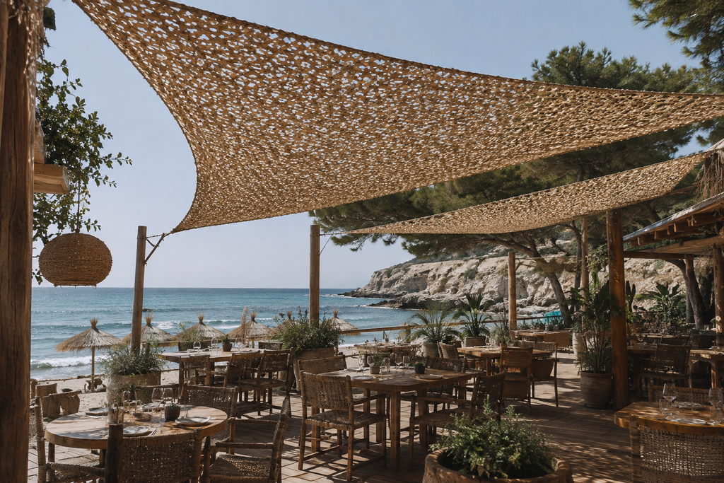 Filet d'ombrage triangulaire sable au-dessus d'un restaurant de plage face à la mer