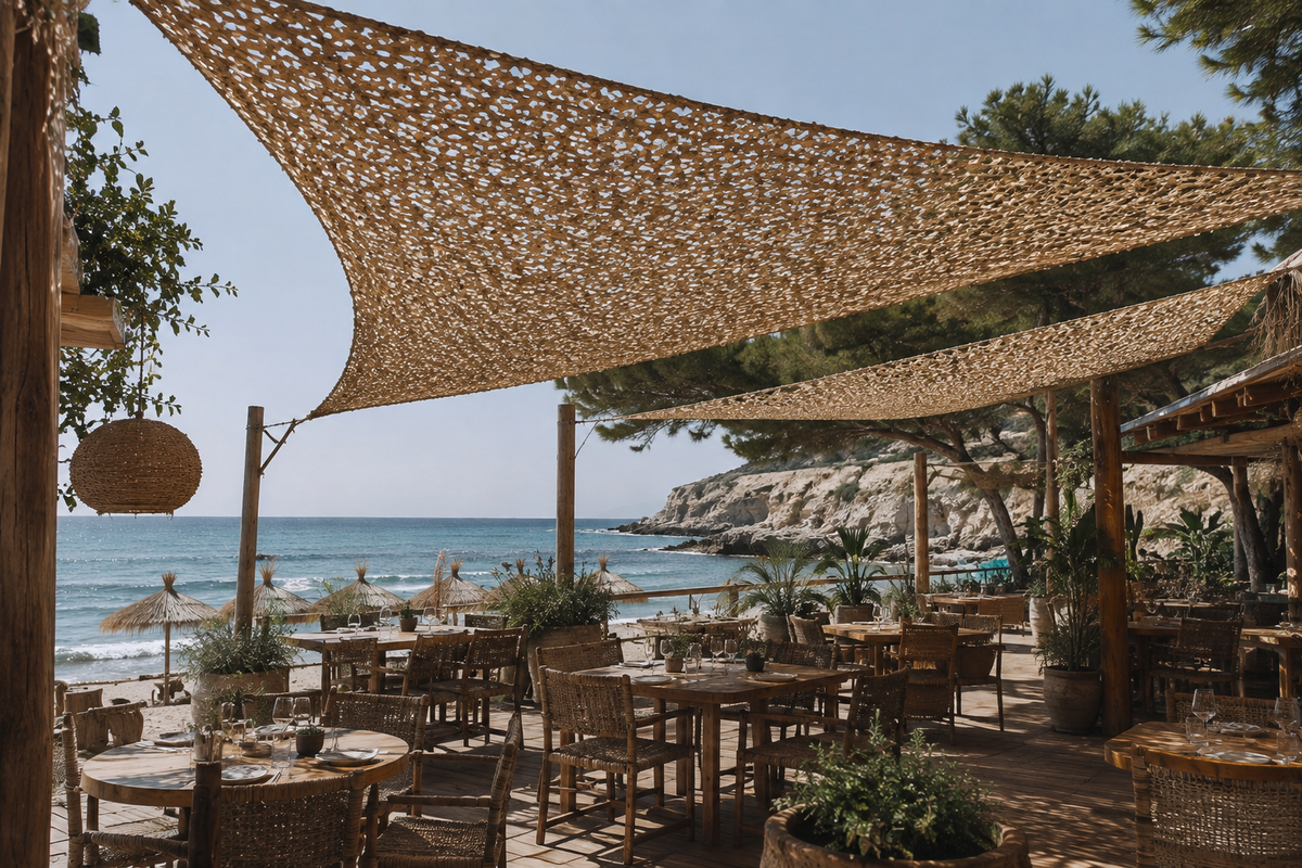 Filet d'ombrage triangulaire sable au-dessus d'un restaurant de plage face à la mer