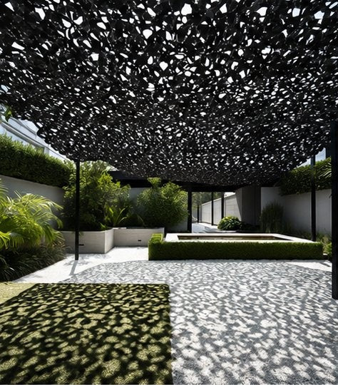 Filet d'ombrage noir projetant son ombre sur une allée de jardin